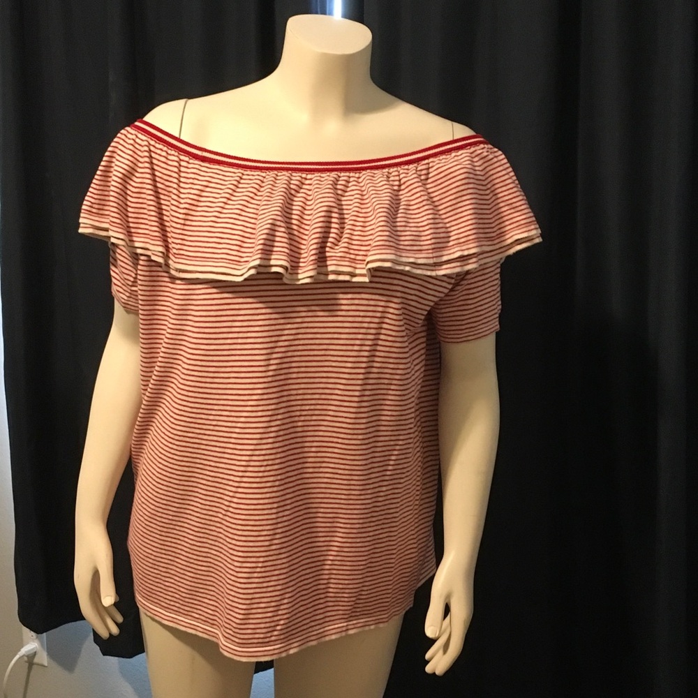 Ralph Lauren Red & White Striped Off-Shoulder Ruffle Tunic